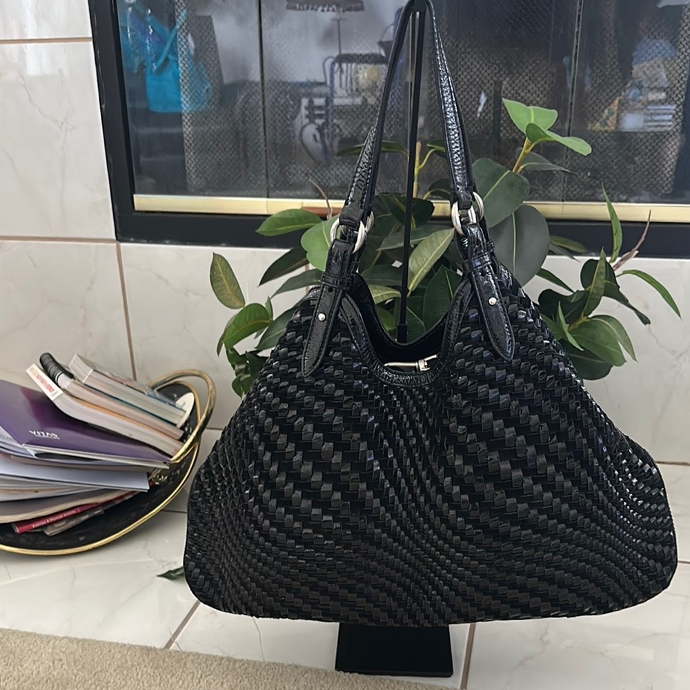 Cole Haan Genevieve Woven Leather Weave Brown Triangle Tote Hand Bag Purse - Picture 4 of 13